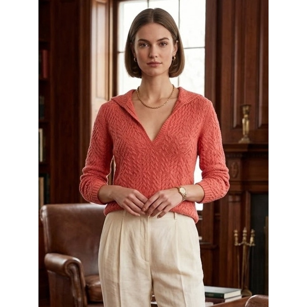 Vintage 90s Talbots Coral Pink Cable Knit Sailor Collar V-Neck Sweater S Preppy
